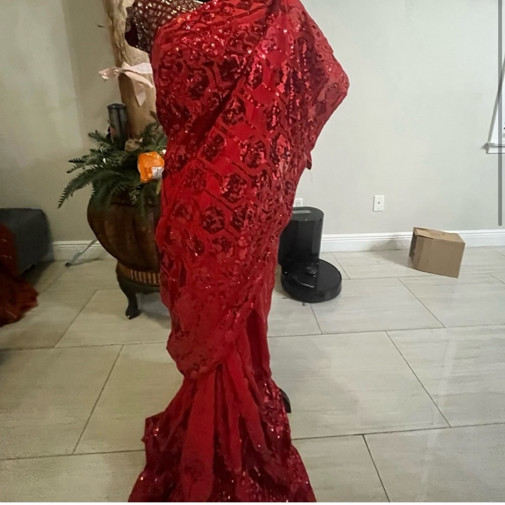 designer red saree, brand new, never worn, sequins work